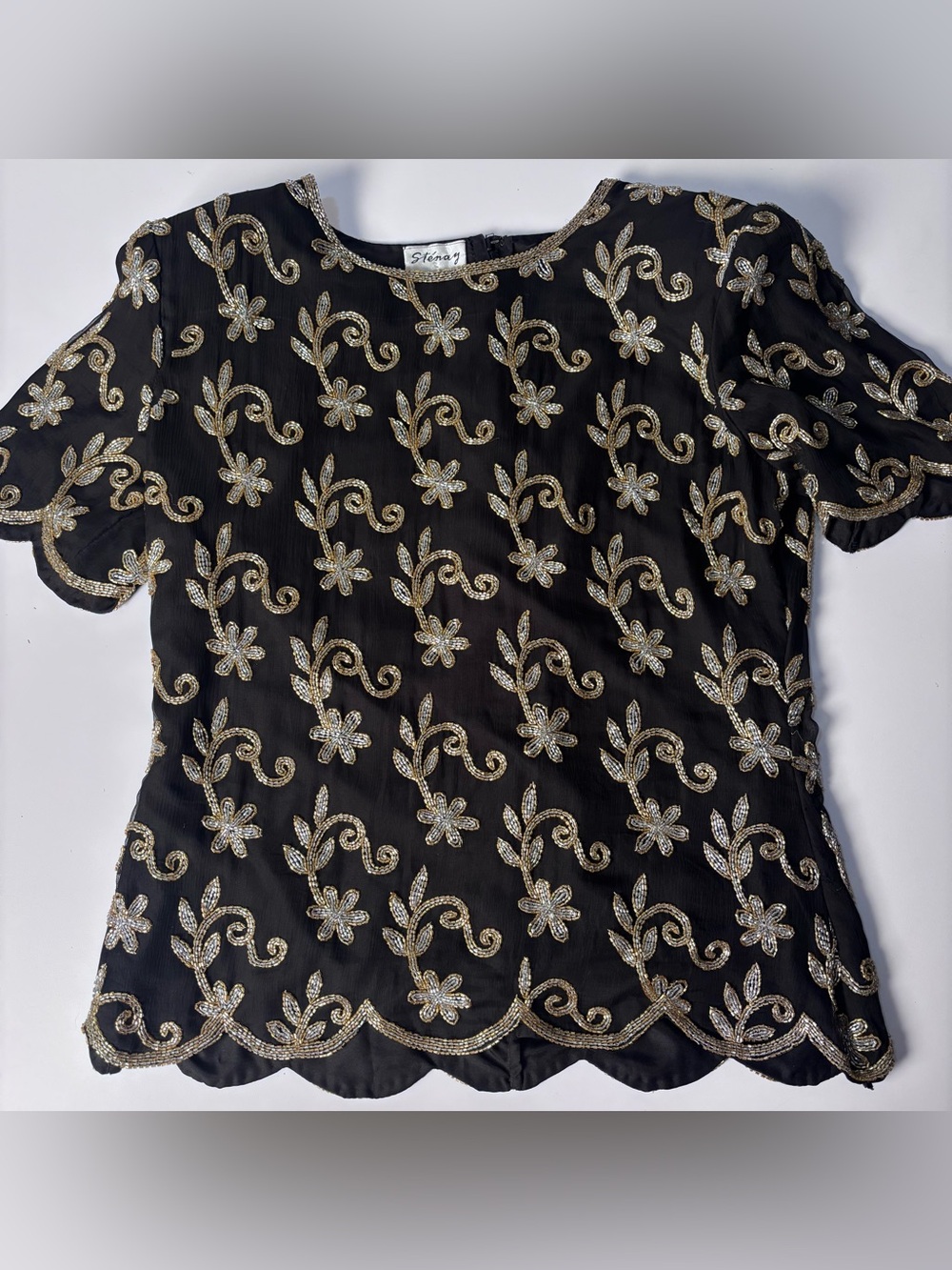 Vintage Sténay Black Silk Beaded Blouse Top Gold Floral Scalloped Hem Size L